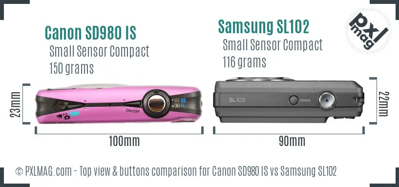 Canon SD980 IS vs Samsung SL102 top view buttons comparison