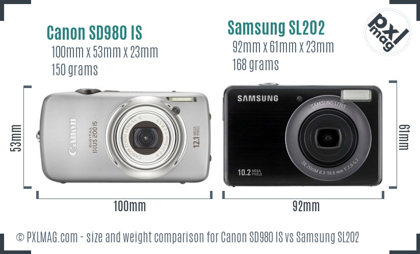 Canon SD980 IS vs Samsung SL202 size comparison