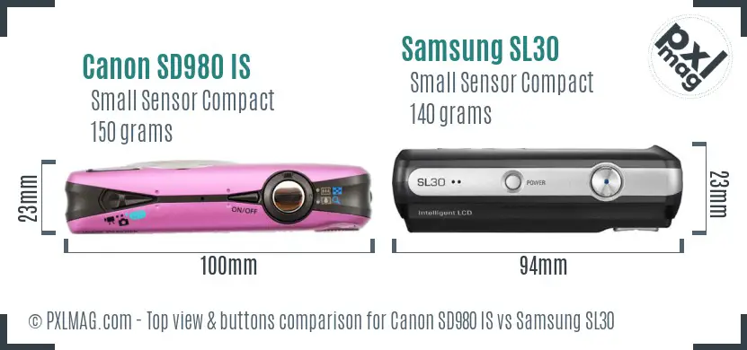 Canon SD980 IS vs Samsung SL30 top view buttons comparison Canon SD980 IS vs Samsung SL30 top view buttons comparison