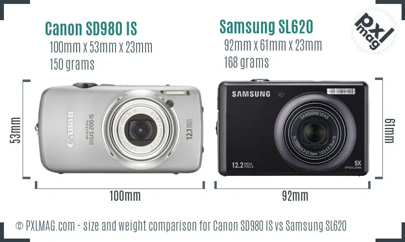 Canon SD980 IS vs Samsung SL620 size comparison