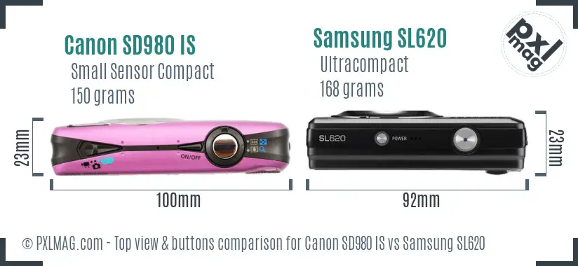 Canon SD980 IS vs Samsung SL620 top view buttons comparison