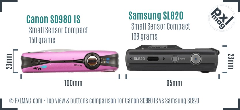 Canon SD980 IS vs Samsung SL820 top view buttons comparison