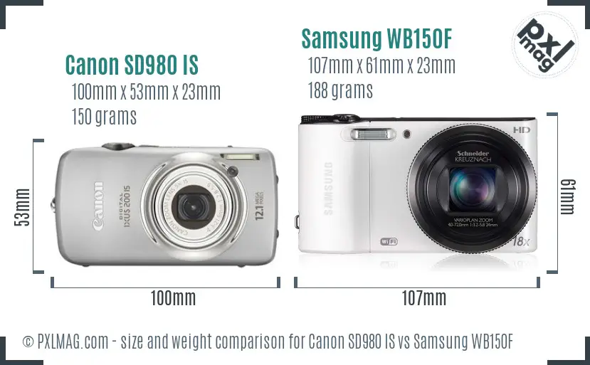Canon SD980 IS vs Samsung WB150F size comparison