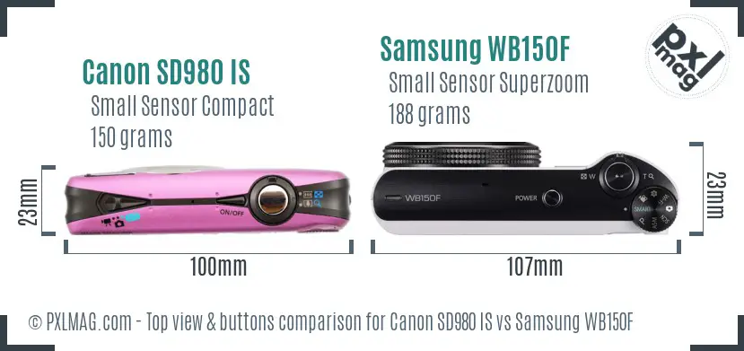 Canon SD980 IS vs Samsung WB150F top view buttons comparison