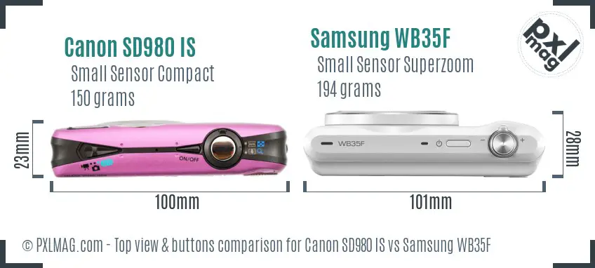 Canon SD980 IS vs Samsung WB35F top view buttons comparison