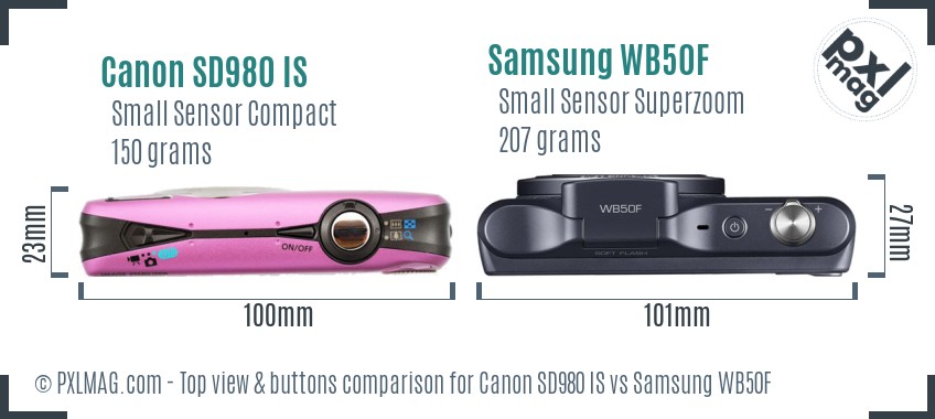 Canon SD980 IS vs Samsung WB50F top view buttons comparison
