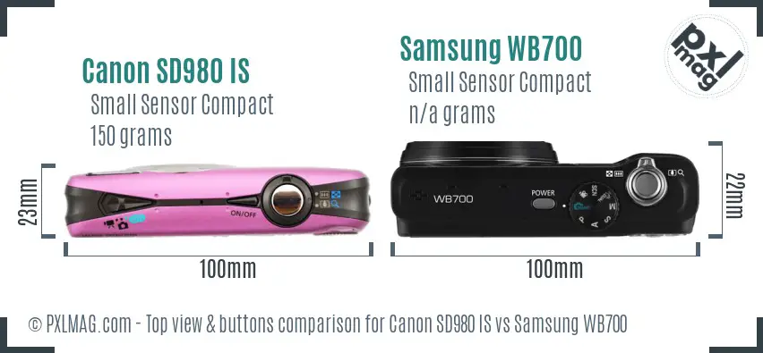 Canon SD980 IS vs Samsung WB700 top view buttons comparison