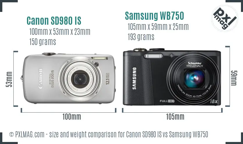 Canon SD980 IS vs Samsung WB750 size comparison