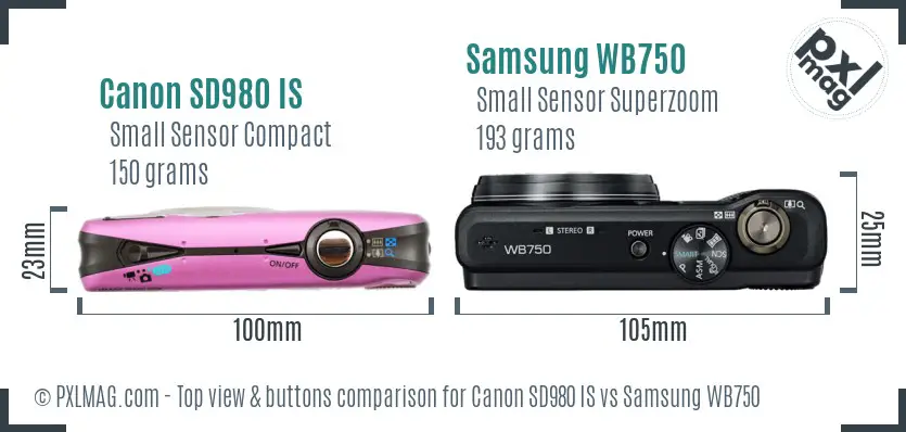 Canon SD980 IS vs Samsung WB750 top view buttons comparison