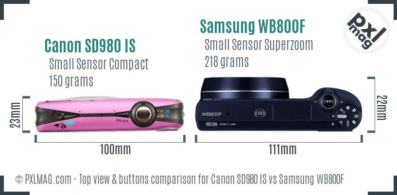 Canon SD980 IS vs Samsung WB800F top view buttons comparison