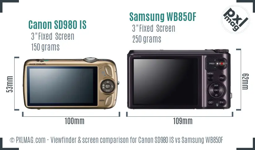 Canon SD980 IS vs Samsung WB850F Screen and Viewfinder comparison