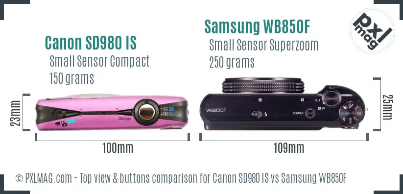 Canon SD980 IS vs Samsung WB850F top view buttons comparison
