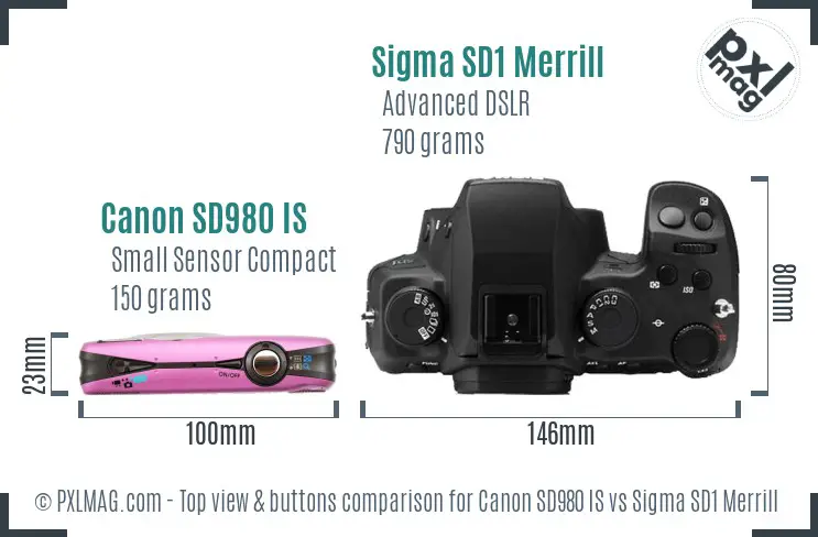 Canon SD980 IS vs Sigma SD1 Merrill top view buttons comparison