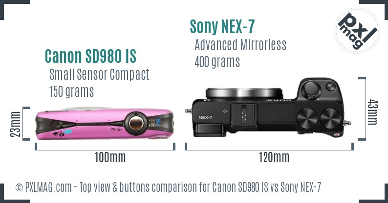 Canon SD980 IS vs Sony NEX-7 top view buttons comparison