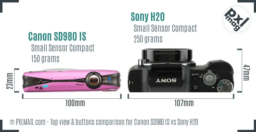 Canon SD980 IS vs Sony H20 top view buttons comparison