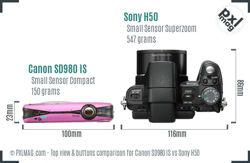 Canon SD980 IS vs Sony H50 top view buttons comparison