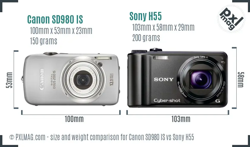 Canon SD980 IS vs Sony H55 size comparison