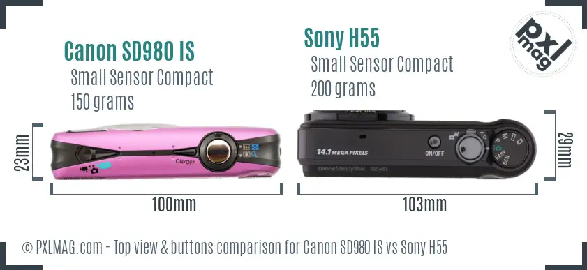 Canon SD980 IS vs Sony H55 top view buttons comparison