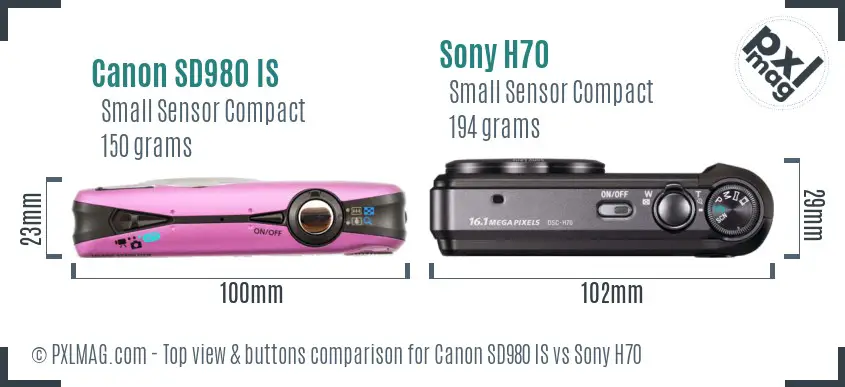Canon SD980 IS vs Sony H70 top view buttons comparison