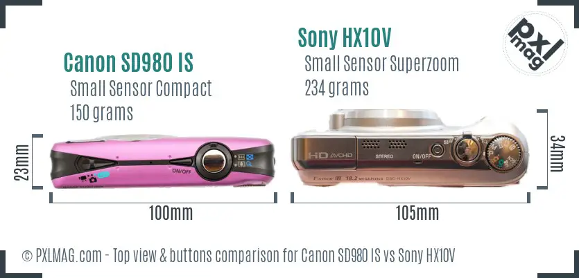 Canon SD980 IS vs Sony HX10V top view buttons comparison Canon SD980 IS vs Sony HX10V top view buttons comparison