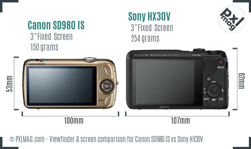 Canon SD980 IS vs Sony HX30V Screen and Viewfinder comparison