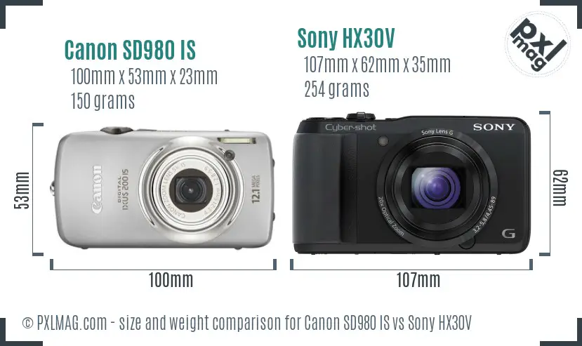 Canon SD980 IS vs Sony HX30V size comparison