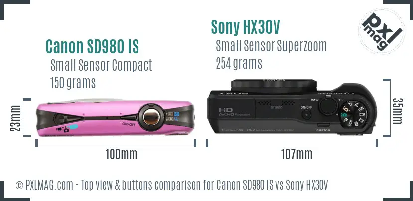 Canon SD980 IS vs Sony HX30V top view buttons comparison
