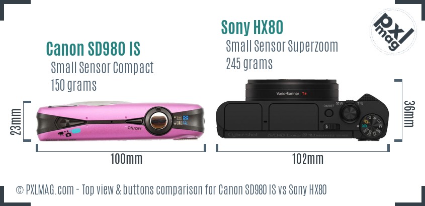 Canon SD980 IS vs Sony HX80 top view buttons comparison