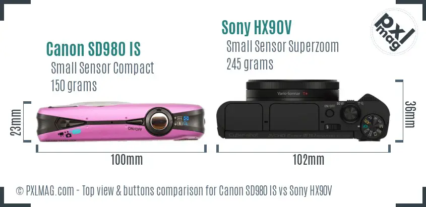 Canon SD980 IS vs Sony HX90V top view buttons comparison Canon SD980 IS vs Sony HX90V top view buttons comparison