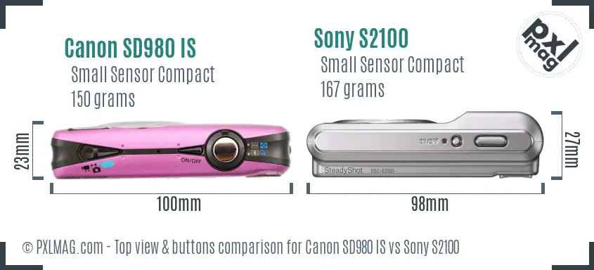 Canon SD980 IS vs Sony S2100 top view buttons comparison Canon SD980 IS vs Sony S2100 top view buttons comparison