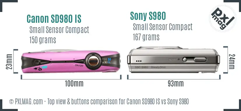 Canon SD980 IS vs Sony S980 top view buttons comparison