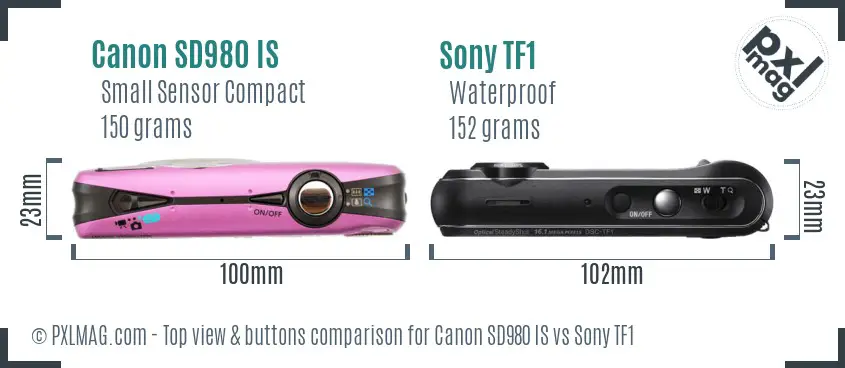 Canon SD980 IS vs Sony TF1 top view buttons comparison Canon SD980 IS vs Sony TF1 top view buttons comparison