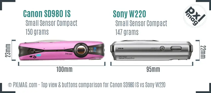 Canon SD980 IS vs Sony W220 top view buttons comparison Canon SD980 IS vs Sony W220 top view buttons comparison