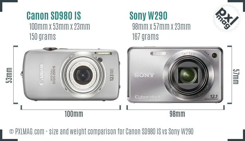 Canon SD980 IS vs Sony W290 size comparison