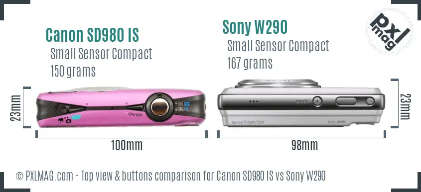 Canon SD980 IS vs Sony W290 top view buttons comparison