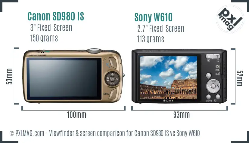 Canon SD980 IS vs Sony W610 Screen and Viewfinder comparison