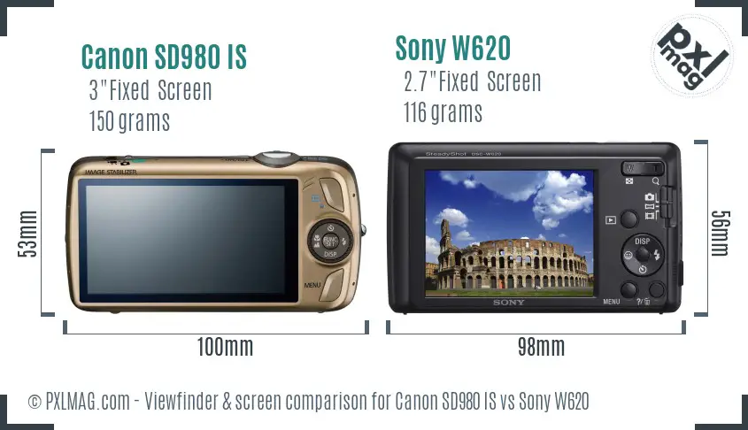 Canon SD980 IS vs Sony W620 Screen and Viewfinder comparison