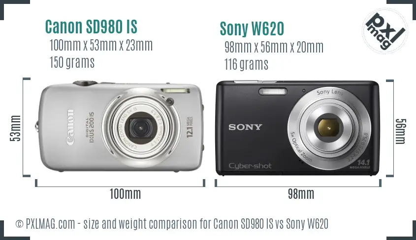 Canon SD980 IS vs Sony W620 size comparison