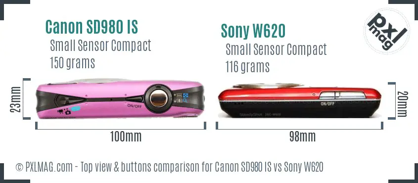 Canon SD980 IS vs Sony W620 top view buttons comparison