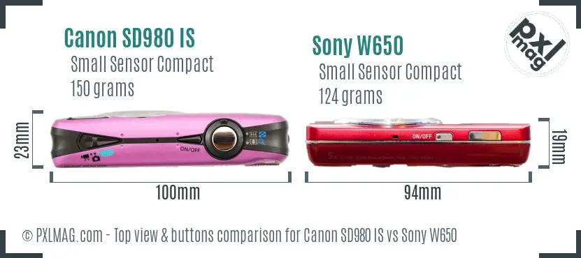 Canon SD980 IS vs Sony W650 top view buttons comparison