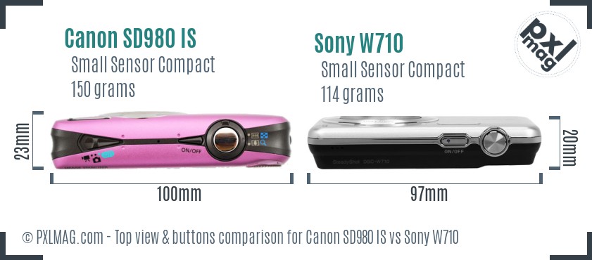 Canon SD980 IS vs Sony W710 top view buttons comparison