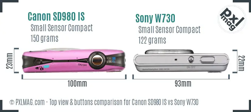 Canon SD980 IS vs Sony W730 top view buttons comparison Canon SD980 IS vs Sony W730 top view buttons comparison