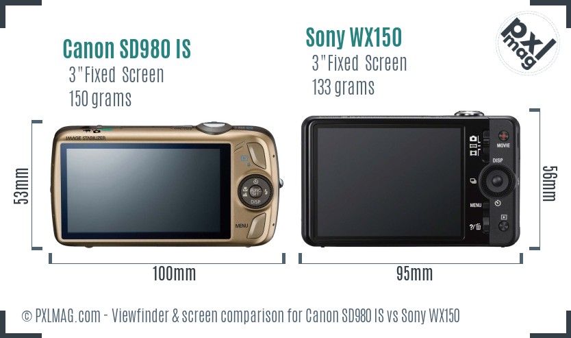 Canon SD980 IS vs Sony WX150 Screen and Viewfinder comparison