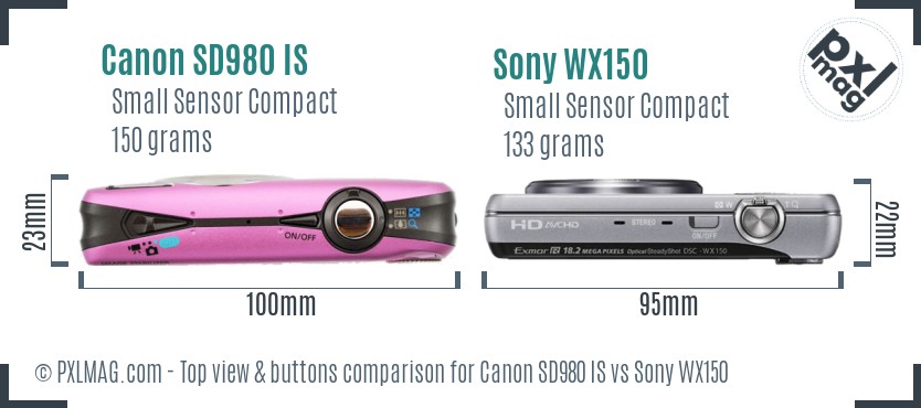 Canon SD980 IS vs Sony WX150 top view buttons comparison
