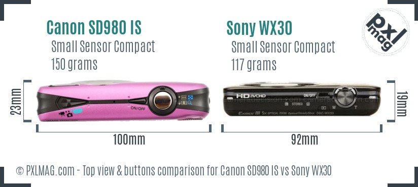 Canon SD980 IS vs Sony WX30 top view buttons comparison