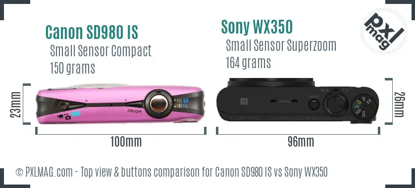 Canon SD980 IS vs Sony WX350 top view buttons comparison