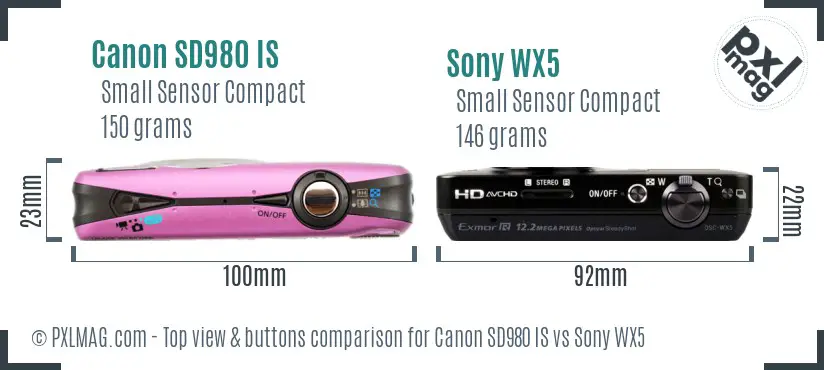 Canon SD980 IS vs Sony WX5 top view buttons comparison