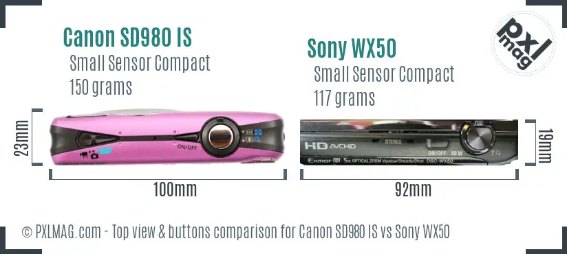 Canon SD980 IS vs Sony WX50 top view buttons comparison Canon SD980 IS vs Sony WX50 top view buttons comparison
