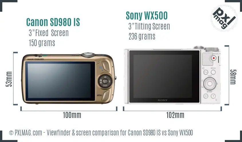 Canon SD980 IS vs Sony WX500 Screen and Viewfinder comparison