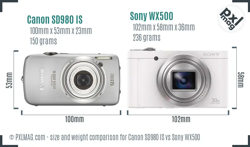Canon SD980 IS vs Sony WX500 size comparison Canon SD980 IS vs Sony WX500 size comparison